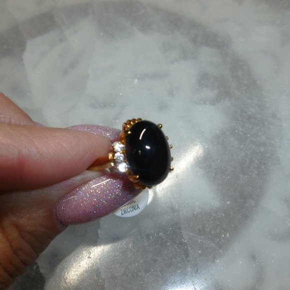 18k Yellow Gold EP Onyx Cubic Zirconia Dolphin Ore Ring - Picture 11 of 13